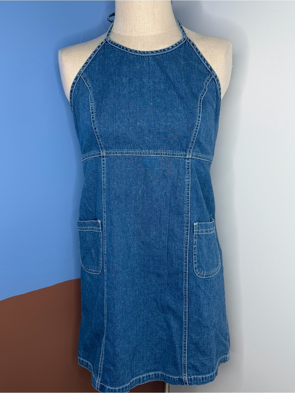 Vintage American Eagle AE Denim Halter Pocket Mini‎ Dress Blue